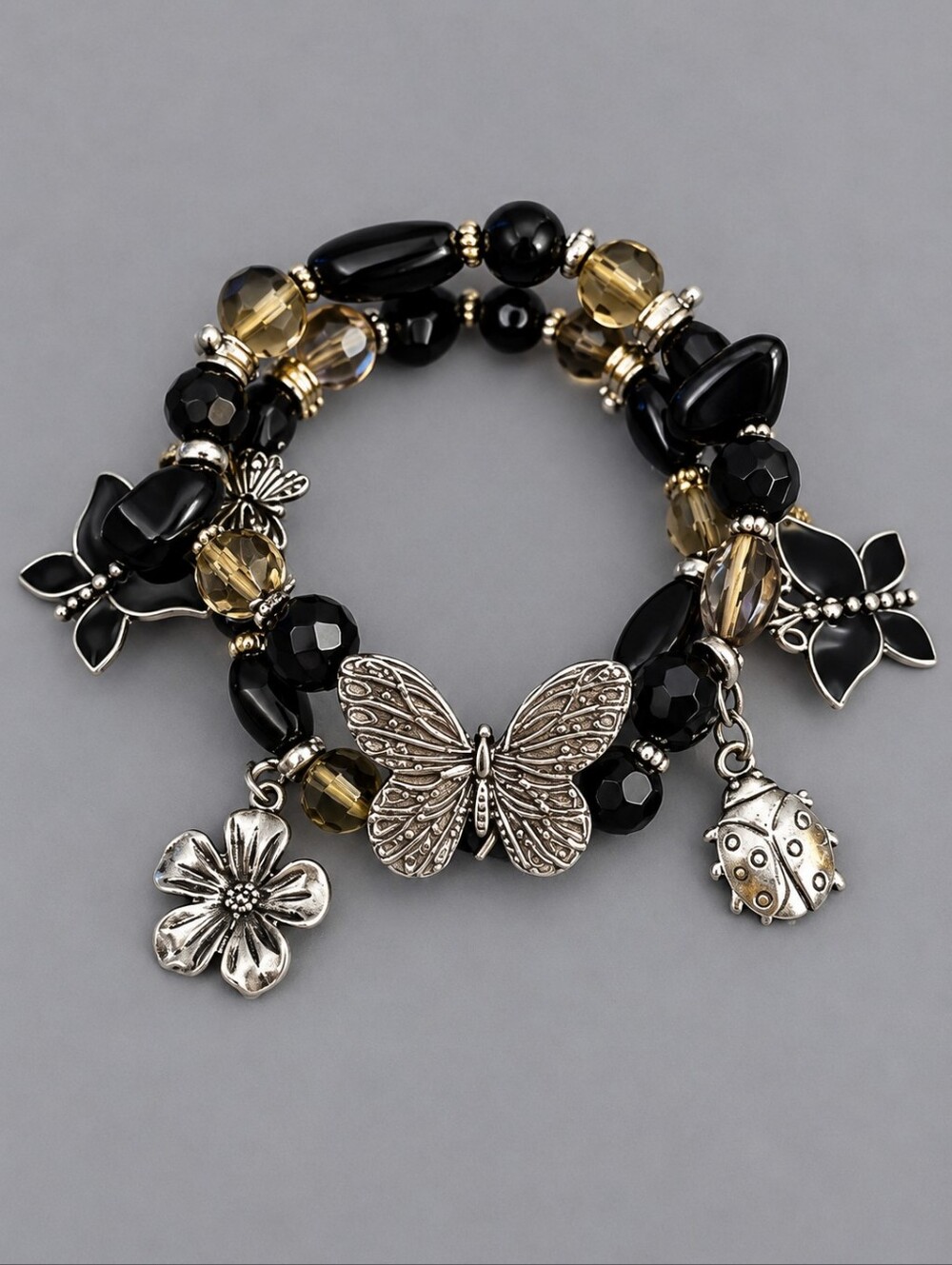 VTG Fairycore Black Glass Beaded Butterfly Ladybug Charm Stretch Bracelet
